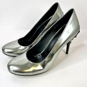 Tod's Silver Patent Leather 3-Inch Studded Heel Pumps Size 5 (EU 35.5) with Bag